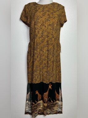 Y2K Vintage Safari Giraffe Print Midi Dress Boho Resortwear size 13/14
